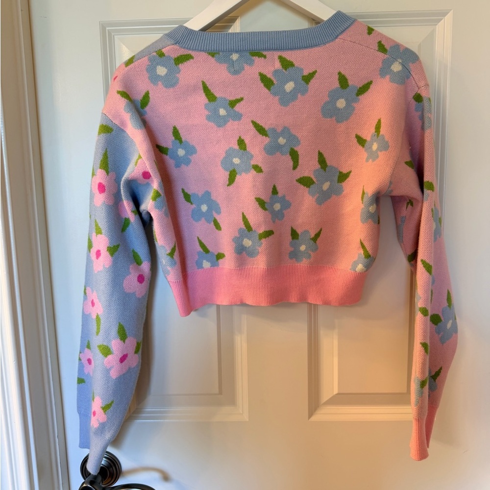 Cider Women's Floral Cropped Cardigan - Pink and Blue with pearl beading - Picture 3 of 3
